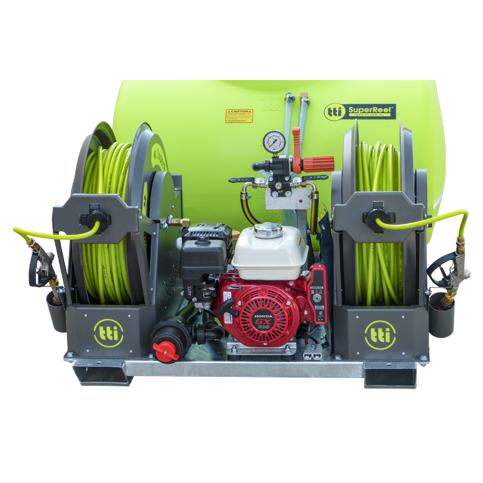 SuperReel 600L Twin Reel Slip On Field Sprayer front view of twin reels