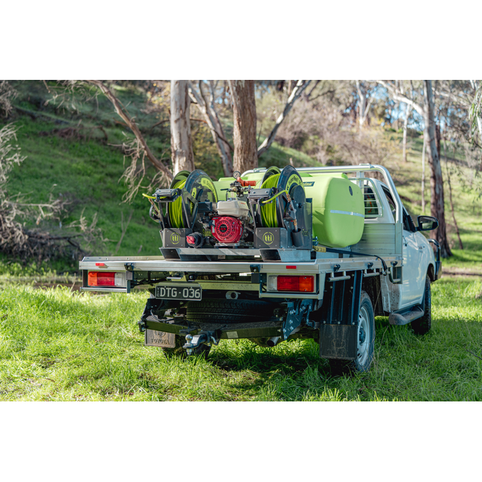 SuperReel 600L Twin Reel Slip On Field Sprayer mounted on ute tray rear angle