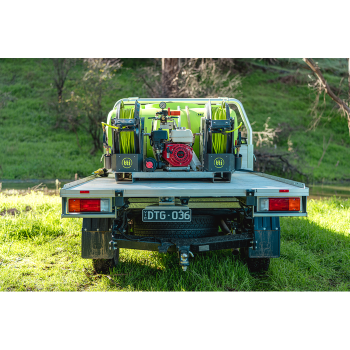 SuperReel 600L Twin Reel Slip On Field Sprayer mounted on ute tray rear view