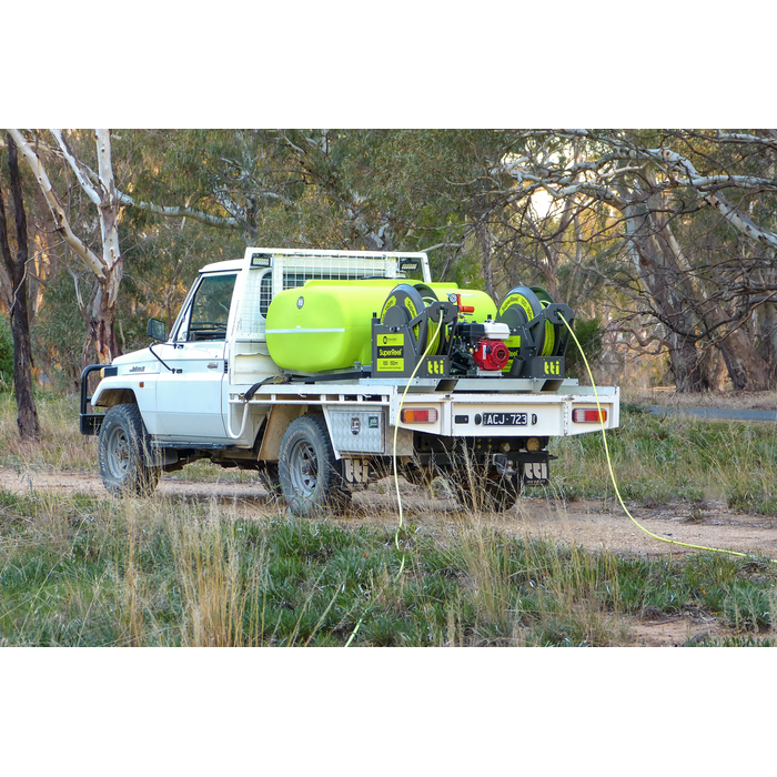 SuperReel 600L Twin Reel Slip On Field Sprayer parked on ute tray