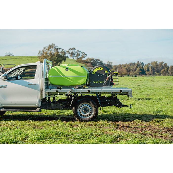 SuperReel 800L Single Reel Slip On Field Sprayer parked on grass