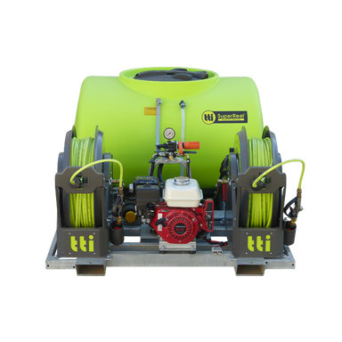 SuperReel 800L Twin Reel Slip On Field Sprayer front view of twin reels