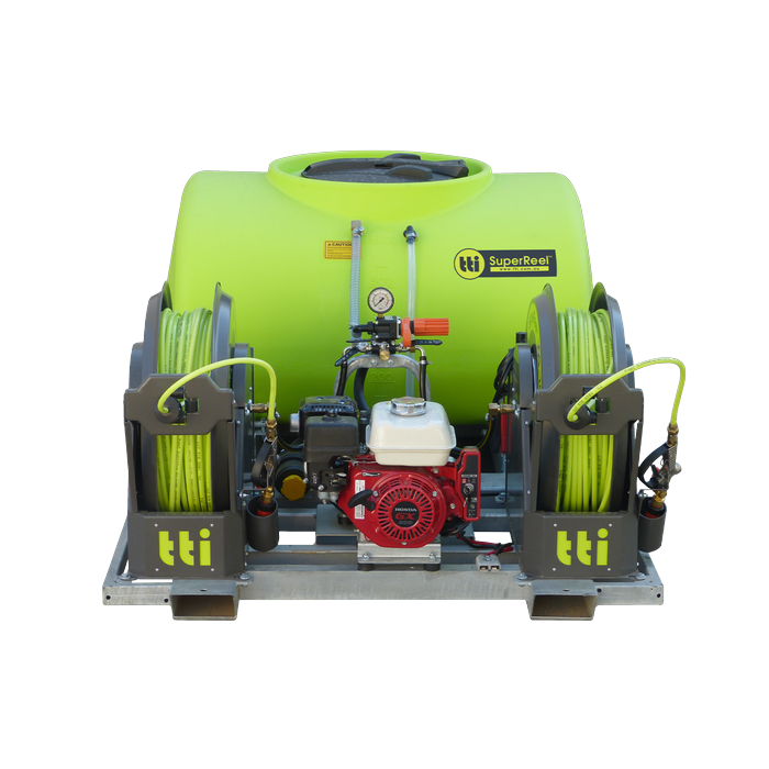 SuperReel 800L Twin Reel Slip On Field Sprayer front view of twin reels