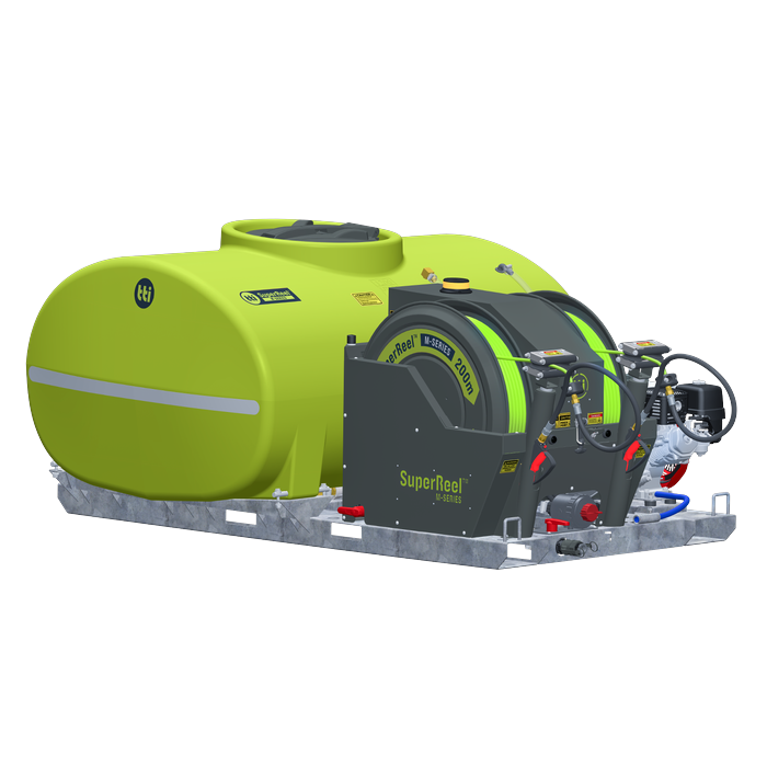 SuperReel M-Series 1200L twin reel mechanical drive weed spray unit with Honda GX270 on galvanised frame