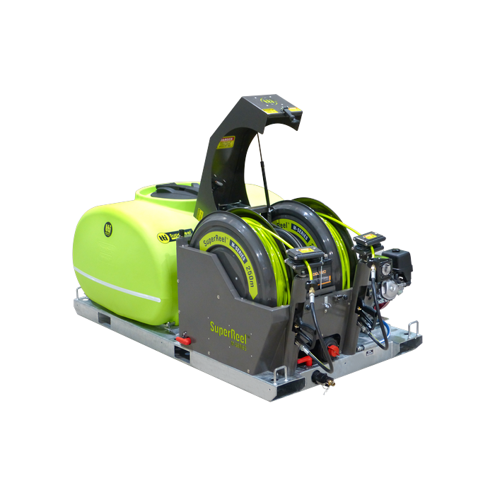 SuperReel M-Series 1200L spray unit with the reel lid open showing the twin hose reels