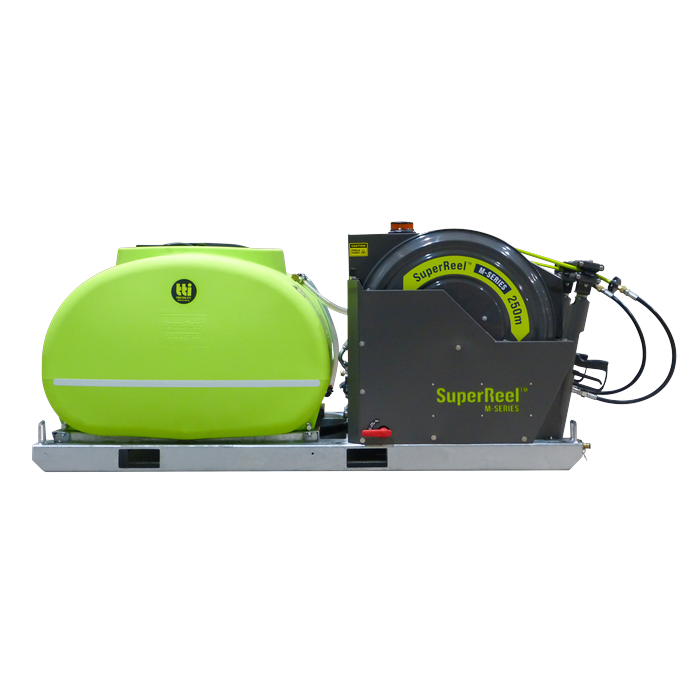 Side view of SuperReel M-Series 1200L twin reel weed spray unit showing the 1200L tank and reel housing