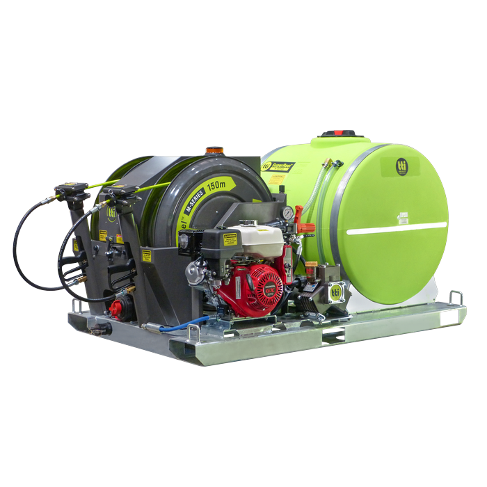 Honda GX270 engine and twin hose reels on the SuperReel M-Series 600L Short spray unit