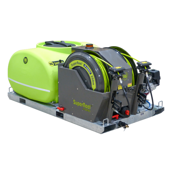 Front angle view of the SuperReel M-Series 600L Short twin reel weed spray unit
