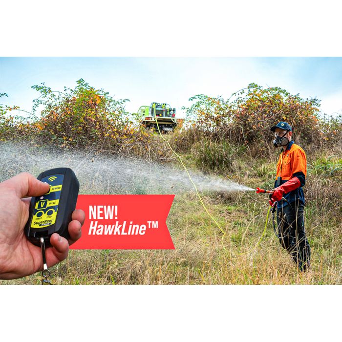 HawkLine remote control used with the SuperReel M-Series weed spray unit