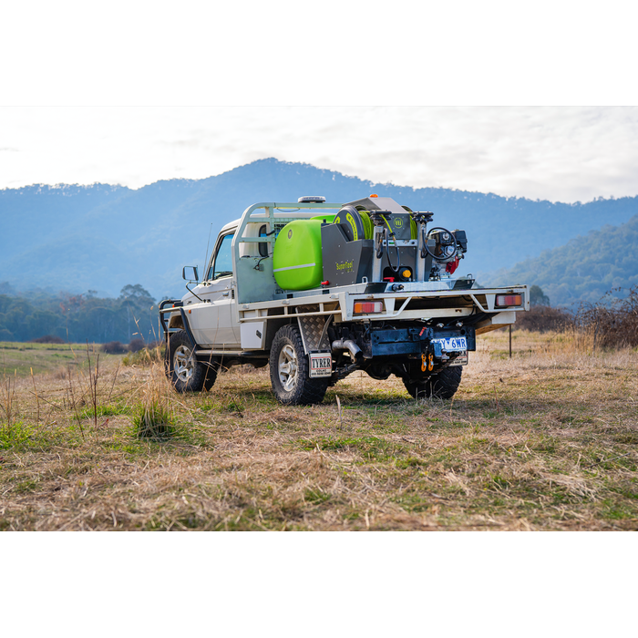 SuperReel M-Series 600L Short weed spray unit mounted on a ute tray