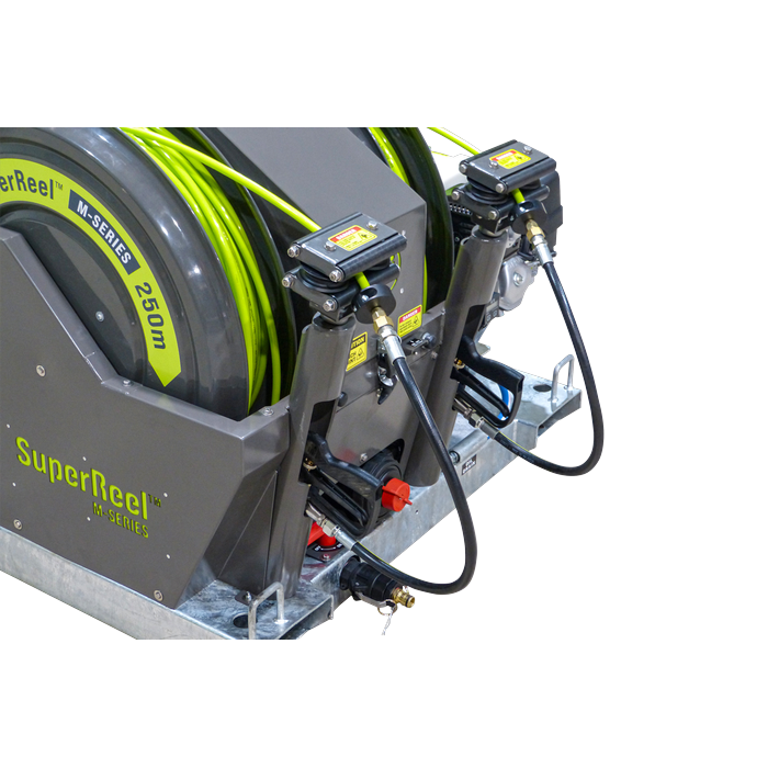 Close up of the SuperReel M-Series mechanical drive hose reel and gun mounts