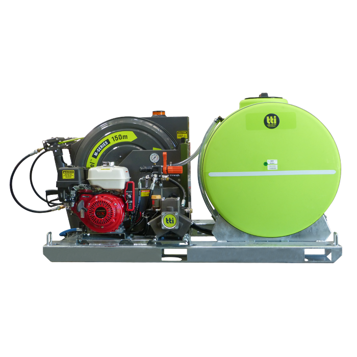 Side view of the SuperReel M-Series 600L Short twin reel spray unit on a galvanised frame