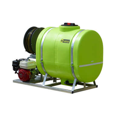 TopCrop 300L slip on sprayer side view with hose reel and engine