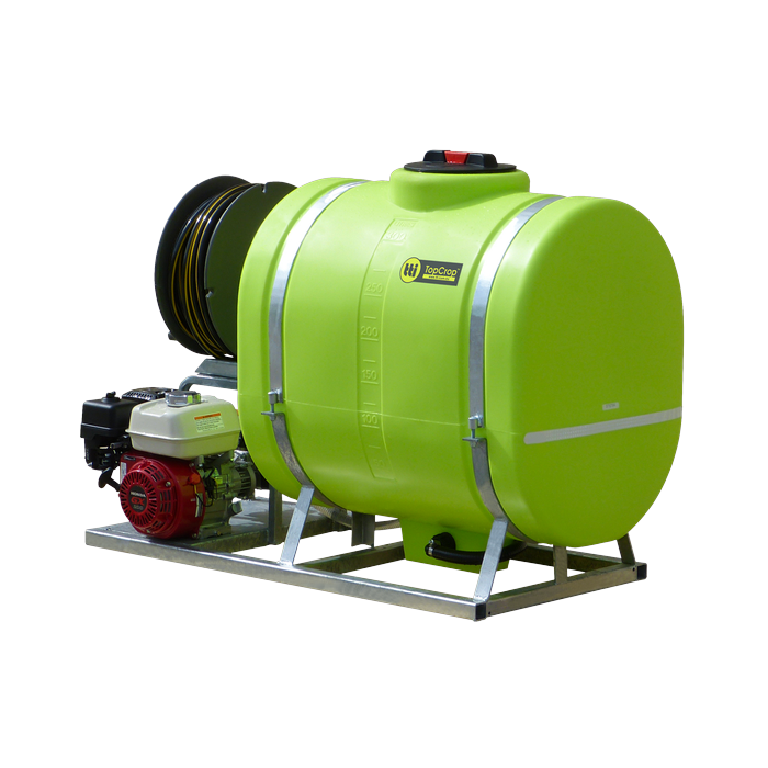 TopCrop 300L slip on sprayer side view with hose reel and engine