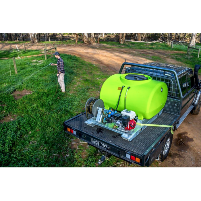 TopCrop 400L short slip on sprayer strapped to a flatbed ute