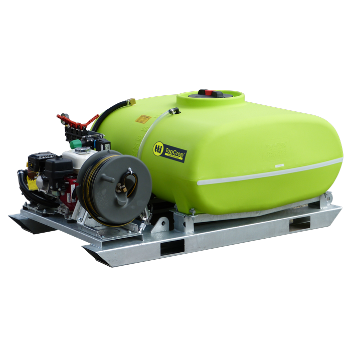 TopCrop 500L slip on sprayer side angle view with hose reel