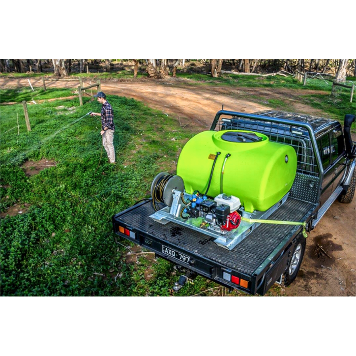 TopCrop 500L slip on sprayer strapped to a flatbed ute