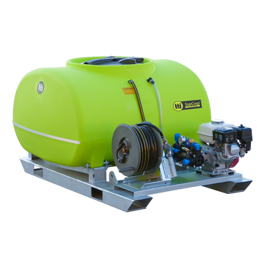 TopCrop 600L slip on sprayer hose reel and engine side view