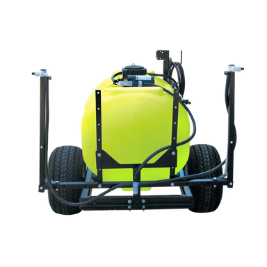 Rear view of a WeedControl 12v spot weed sprayer trailer with 3m boom and pneumatic tyres
