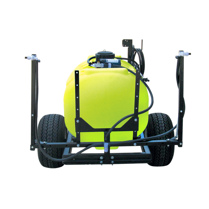 Rear view of a WeedControl 12v spot weed sprayer trailer with 3m boom and pneumatic tyres