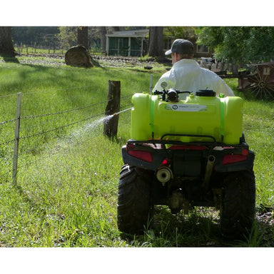 WeedControl 150L 12v spot sprayer on an ATV spraying weeds along a fence line