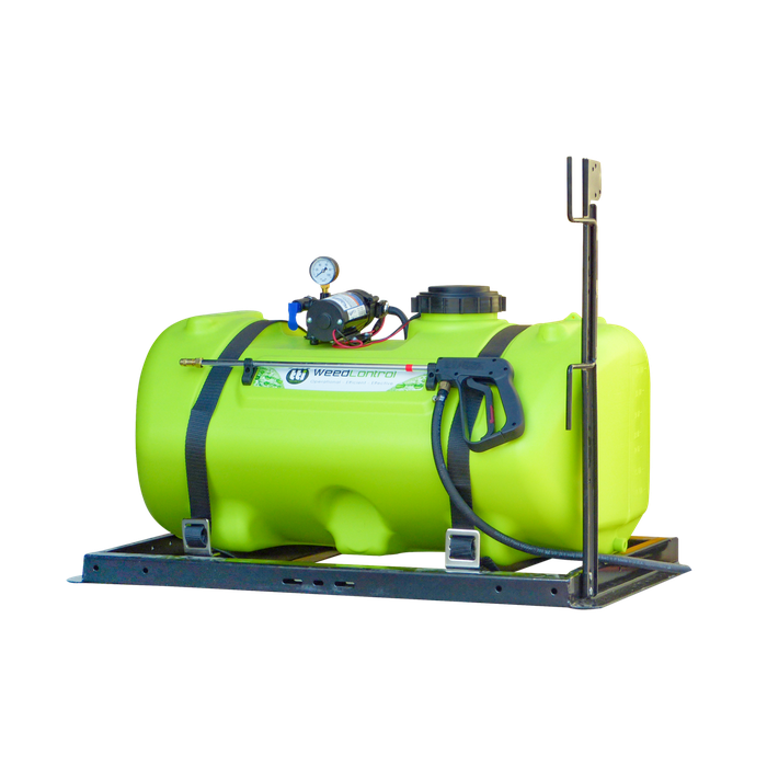WeedControl skid mount spot weed sprayer with steel skid frame and straps on white background