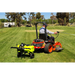 Zero turn mower towing a WeedControl spot sprayer trailer with a boom and spray gun