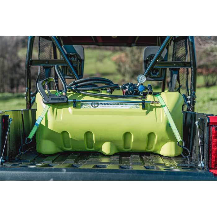 Close up of the WeedControl 55L tank, lance and strap in a UTV tray