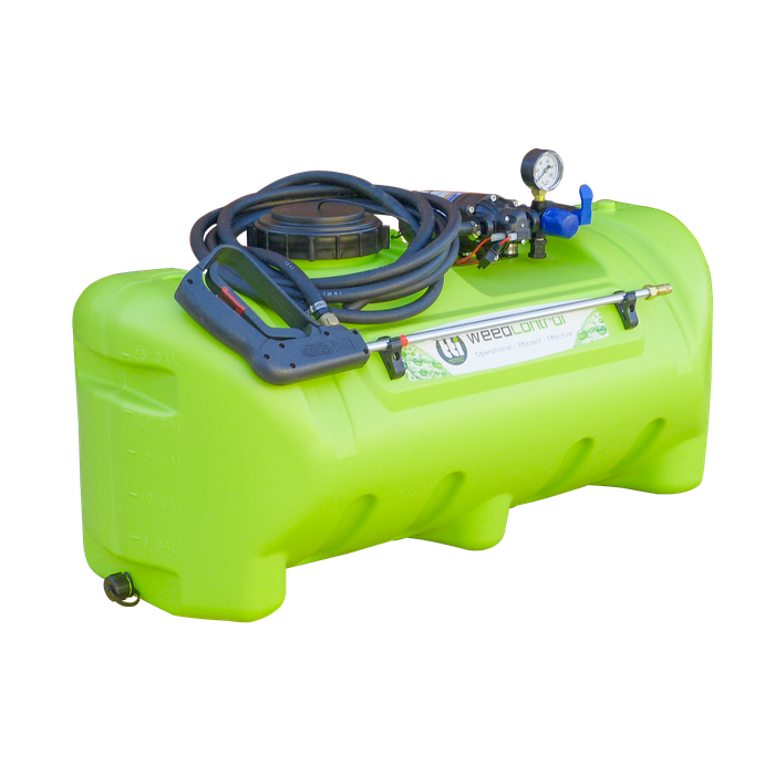 WeedControl 95L 12v spot weed sprayer with PowerJet gun, hose and pressure gauge on white background
