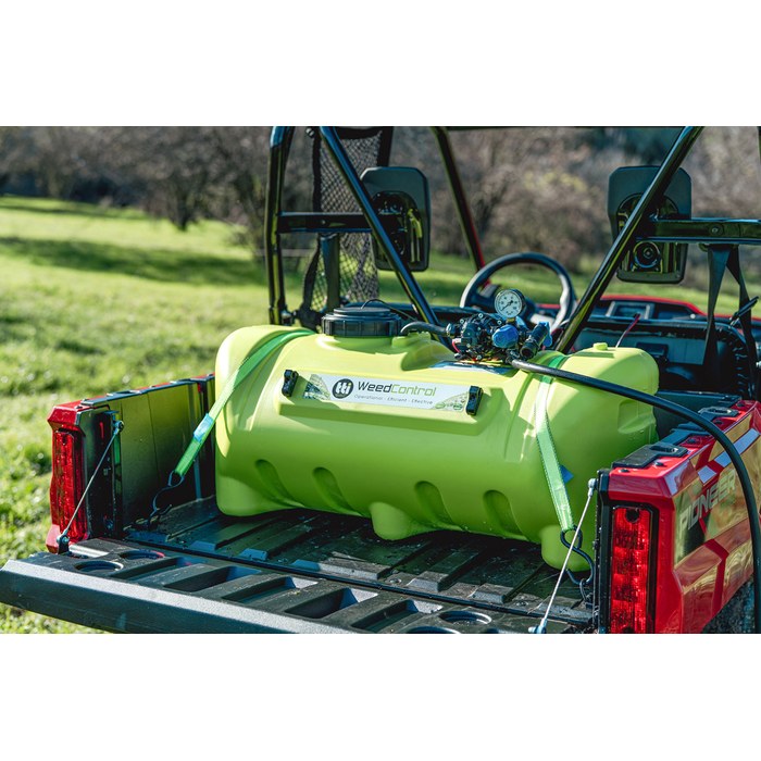 WeedControl 95L 12v spot sprayer strapped in a UTV tray, angle view