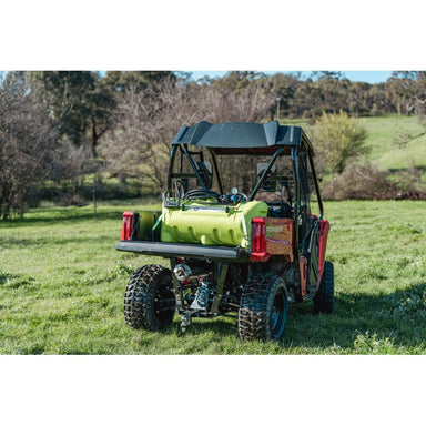 WeedControl 95L 12v spot sprayer carried in a UTV tray, rear view